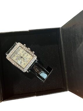 Women’s Black Leather Strap Chronograph Watch with Crystal Bezel Battery - NWT